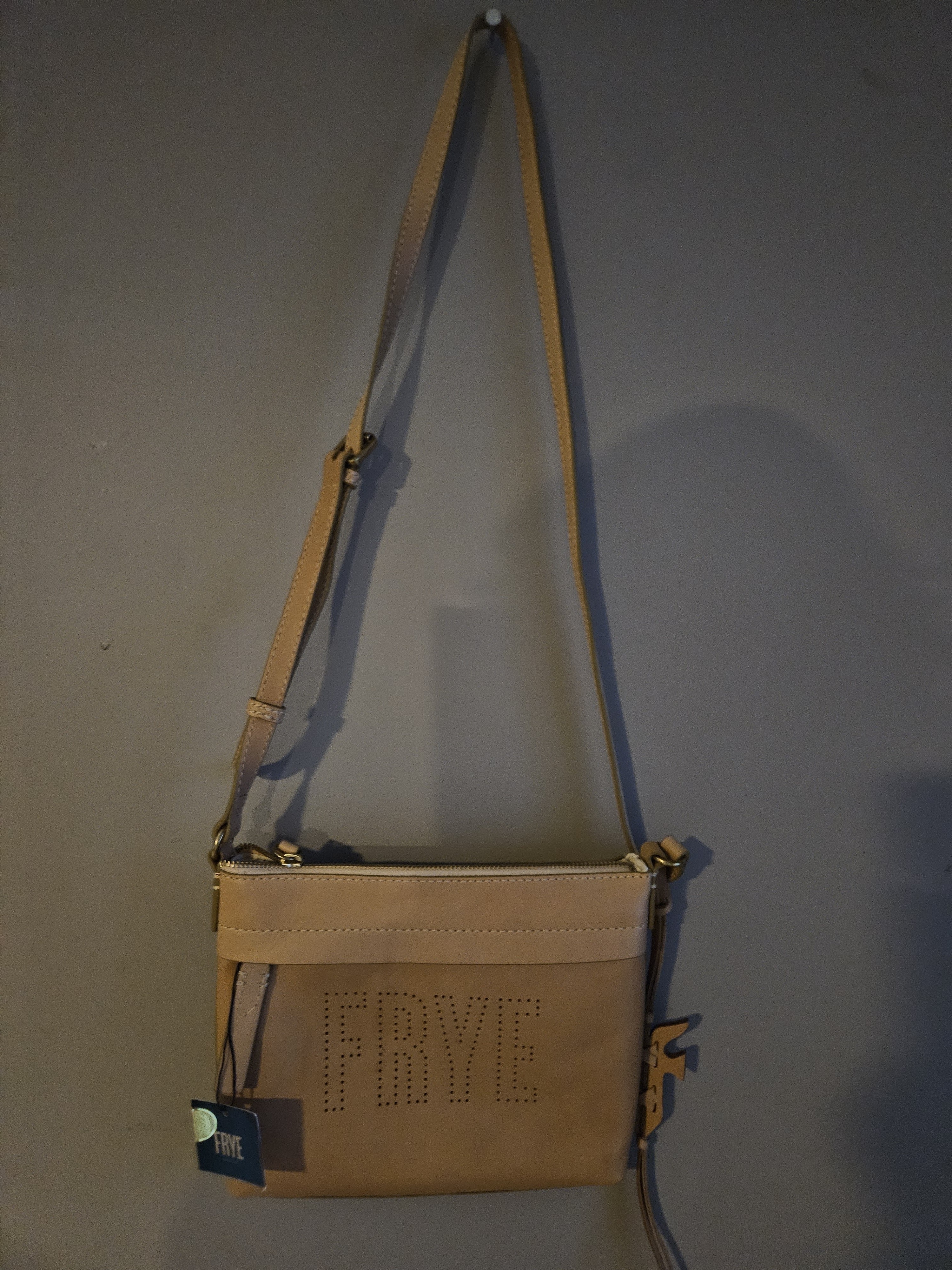Frye Beige/Tan Perforated Logo Leather Crossbody 8.5" Tall 10.5" Across.